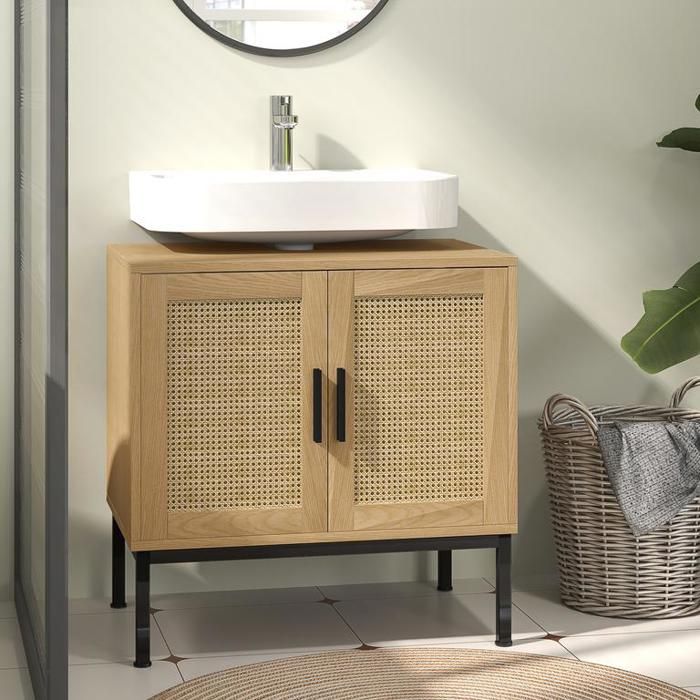 Meuble vasque avec compartiment de rangement meuble sous-vasque aspect rotin meuble de salle de bain chêne 60 x 39 x 60 cm
