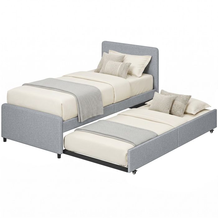 Lit gigogne - HOMCOM - 90 x 190 cm - sommier à lattes en bois - tête et pied rembourrés en tissu aspect lin - gris clair Lit gigogne - HOMCOM - 90 x 190 cm - sommier à lattes en bois - tête et pied rembourrés en tissu aspect lin - gris clair
