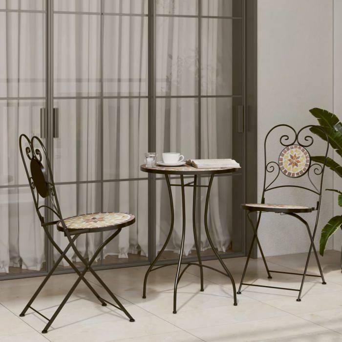 VIDAXL Ensemble de bistro mosaïque - 1 SET - terre cuite blanc fer et céramique 50x70 cm M10945