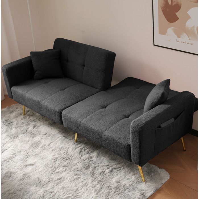 Canapé convertible avec réglage d’angle pieds dorés et rangements latéraux intégrés coussins inclus