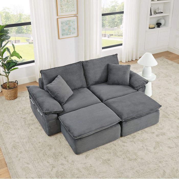 Canapé de sol 2 places gris clair modulaire avec repose-pieds et rangements
