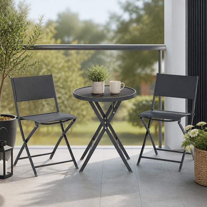 Ensemble table et chaises - PAGE LIVING - Set bistro pliant 3 pièces - Plateau verre trempé - Sans assemblage - Noir