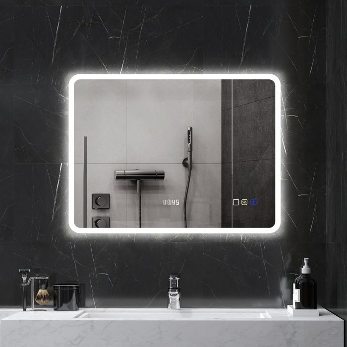 Miroir de salle de bain LED 80 x 60 cm Bluetooth 3 couleurs de lumière anti-buée fonction mémoire IP44