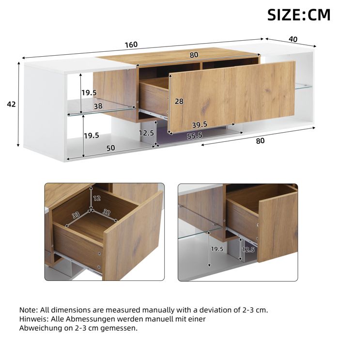 MEULVA Meuble TV 160 cm blanc et bois naturel avec 2 tiroirs étagère en verre et LED télécommandée
