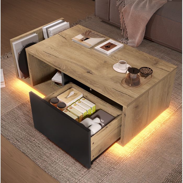 Buffet bas rétro 99 5 cm avec LED intégrée 1 tiroir compartimenté et niche ouverte bois d’ingénierie naturel