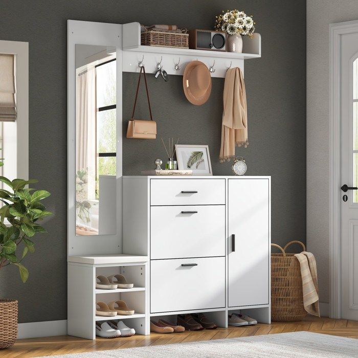Meuble d’entrée avec miroir banc et rangement à chaussures MDF blanc 140 x 30 x 200 cm