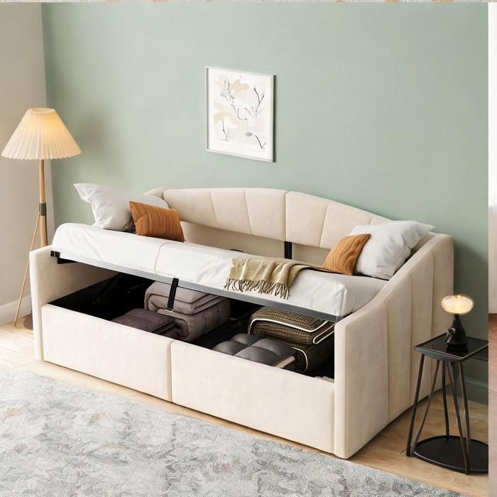 Sofa-lit une place en velours beige 90x200 cm avec rangement hydraulique accoudoirs et lattes