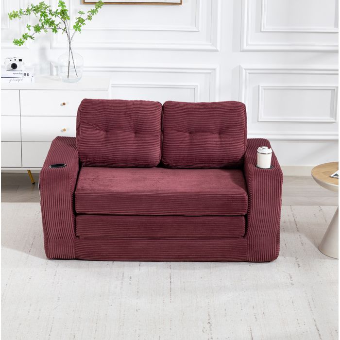 Canapé modulable 2 places convertible en velours côtelé rouge avec porte-gobelets et poches latérales