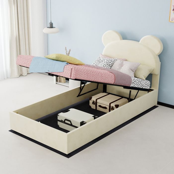 Lit rembourré enfant - 90x200 cm - Beige - Tête de lit dessin animé - Sommier coffre avec rangement