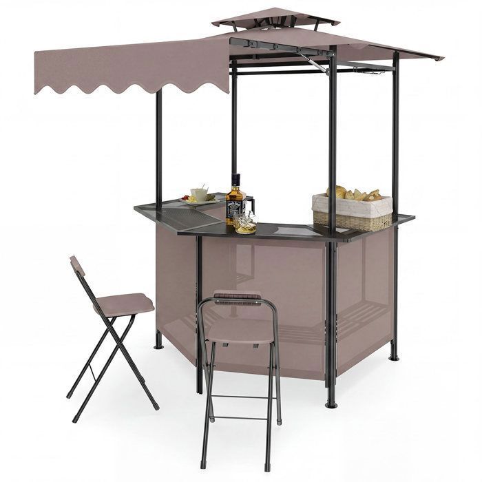 COSTWAY Tonnelle de Barbecue Extérieure avec 2 Tabourets Double Toit Porte-verres pour Cour Patio Terrasse Marron