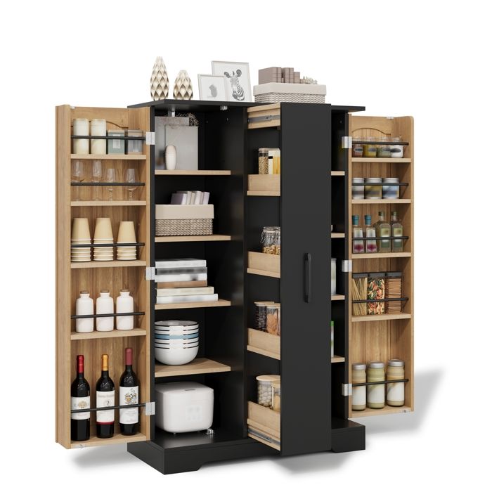 Buffet Haut Cuisine Armoire de Cuisine 2 Portes Tiroir Vertical à 4 Niveaux étagères Réglables 120x78x35cm Noir+Naturel