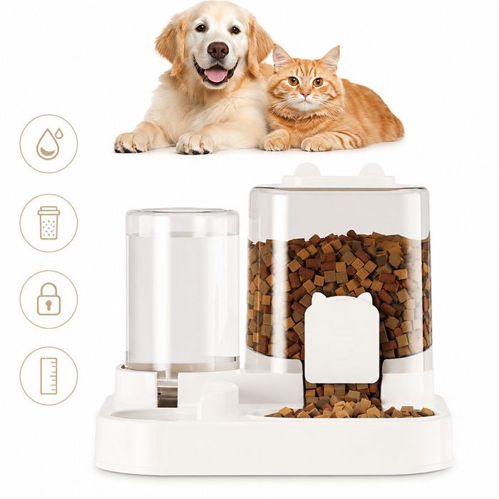 Distributeur Nourriture Eau – Double Réservoir 1.6L Filtre Anti Humidité – pour Chat Chien Voyage – 2.2L Blanc