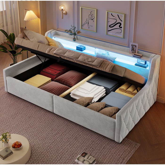 Lit plateforme 1 place 90 x 200 cm avec coffre hydraulique LED intégrée velours beige sans matelas