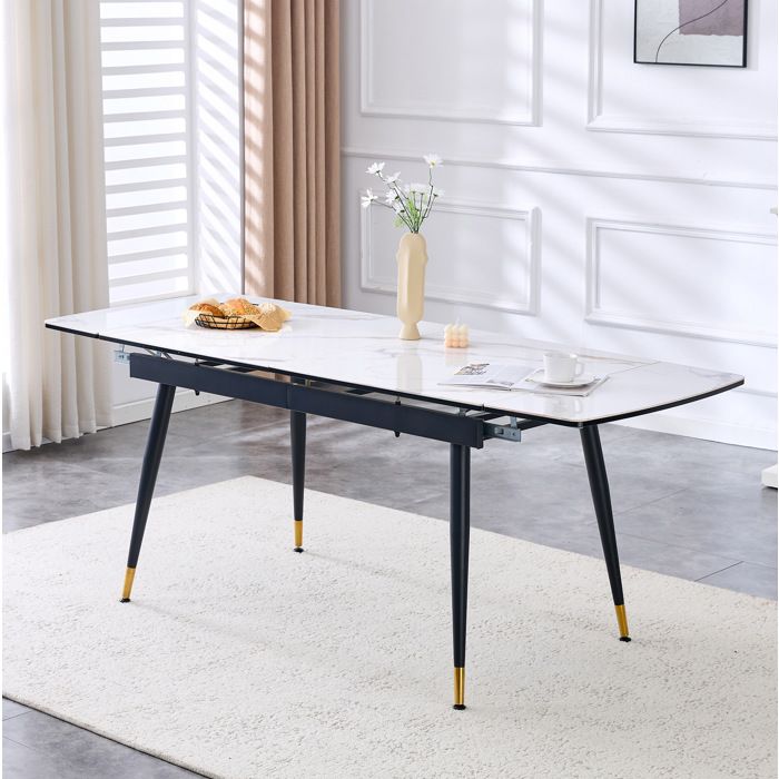 Table à manger extensible blanche 140-200 x 80 x 76 cm plateau céramique effet marbre structure métal noir pieds dorés