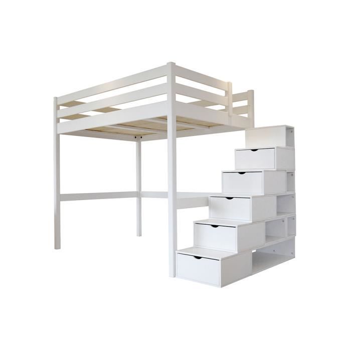 Lit Mezzanine Sylvia Avec Escalier Cube Bois Couleur Blanc