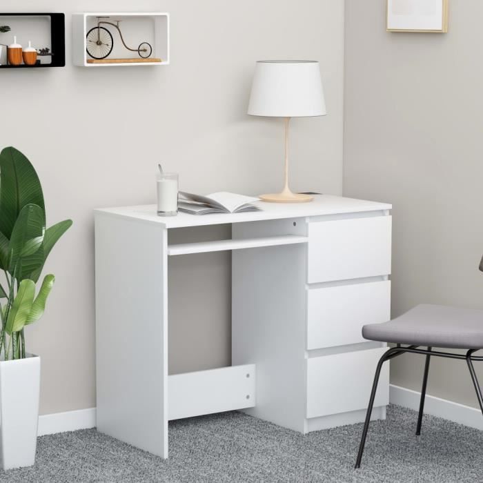 Bureau - ALOMEJOR - 90x45x76 cm - Blanc - 3 tiroirs - Aggloméré