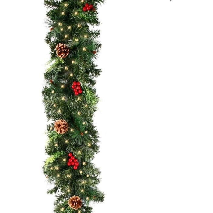 Guirlande De Noël Feuillue 15 Mètres - 40 Boucles - Couleur Vert Avec Bordure Blanche - Matériau PET