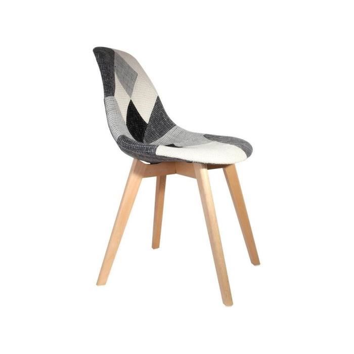 chaise patchwork noir et blanc - design scandinave - pieds en bois brut - h 85 x p 54 x l 46,50 cm