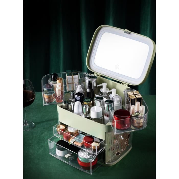 Acheter Boîte de rangement de maquillage, décoration de bureau, Type  tiroir, boîte de rangement de cosmétiques avec miroir lumineux Led, boîte  de rangement de maquillage en plastique rotative