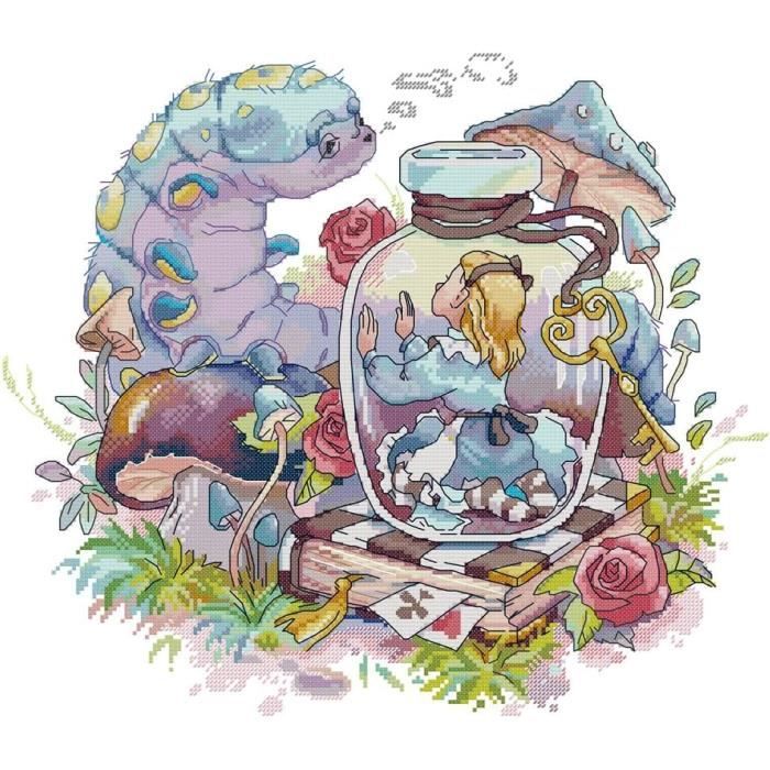 Point De Croix Kit Complet Estampé, Alice Au Pays Des Merveilles Estampillé 14Ct 2 Brins 44×40Cm