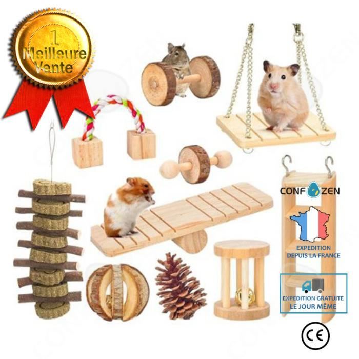 Comparer les prix de CONFO 10 PièCes Ensemble Hamster Chew Jouets Naturel en Bois Gerbilles Rats Chinchillas Jouets Accessoires HaltèRes Exercice Bell Ro