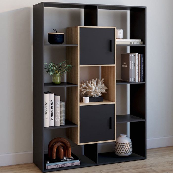 IDMARKET Etagère bibliothèque COLETTE avec 11 compartiments et 2 cases noir et effet bois 143 cm IDMARKET Etagère bibliothèque COLETTE avec 11 compartiments et 2 cases noir et effet bois 143 cm