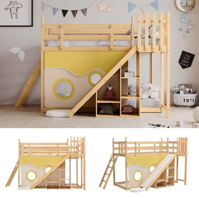 Lit superposé 90x200cm, lit enfant avec rideau, échelle et toboggan de rangement, cadre en pin