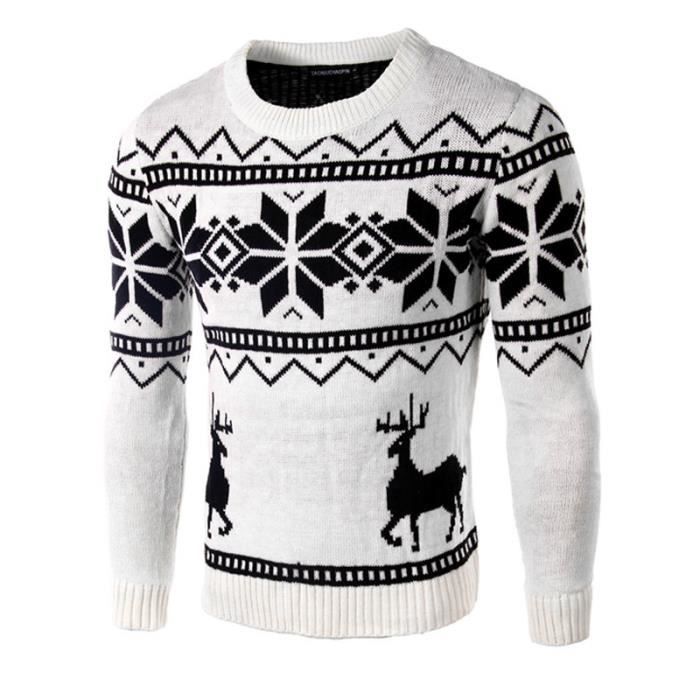 Pull de Noël Femme à Col Rond - Flocon De Neige Renne - Blanc Blanc