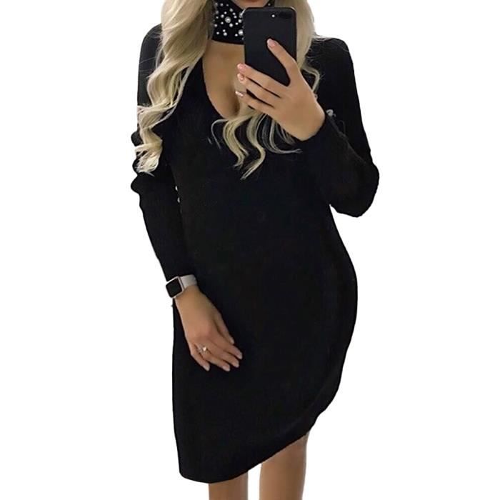 ORANDESIGNE Robe Pull Tricoté Femme Élégante - Col V Manches Longues, Loose Oversize, Sweater Tunique Mode Automne Hiver