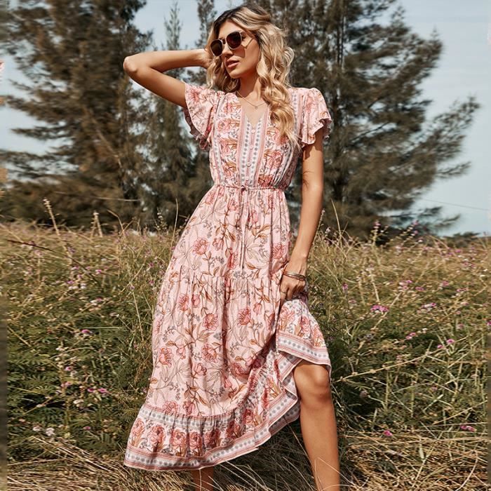 Femme Robe Ete Boh me Robe de Vacances Robe de Plage Col V Florale