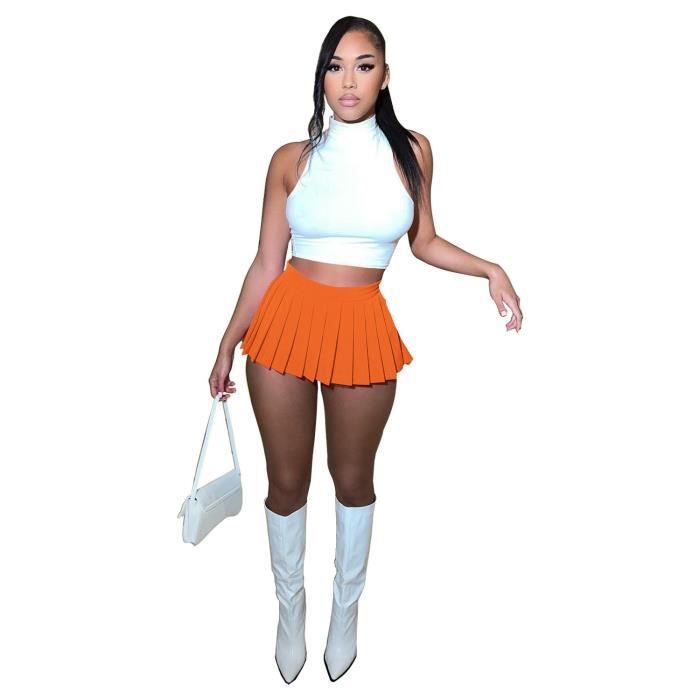 Jupe Ensemble deux pi ces pour femme jupe courte d contract e et Sexy v tements de mode Streetwear orange A333
