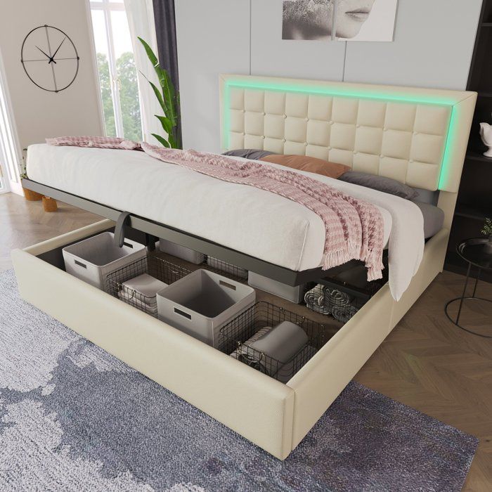 Lit coffre 140x200 cm avec LED coffre de rangement tissu PU Sommier à lattes inclus lit double hydraulique blanc