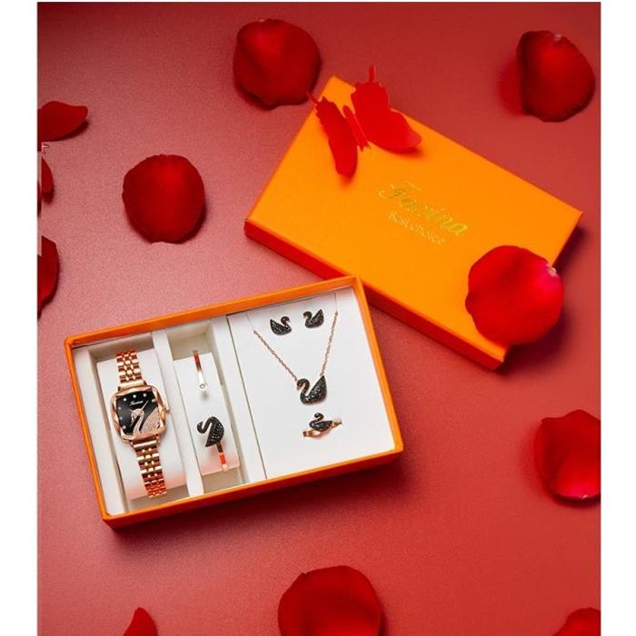 Coffret Cadeau Montre Femme + Bijoux - Collier, Bague, Boucles D'oreilles, Bracelet - Mouvement Quartz - 4