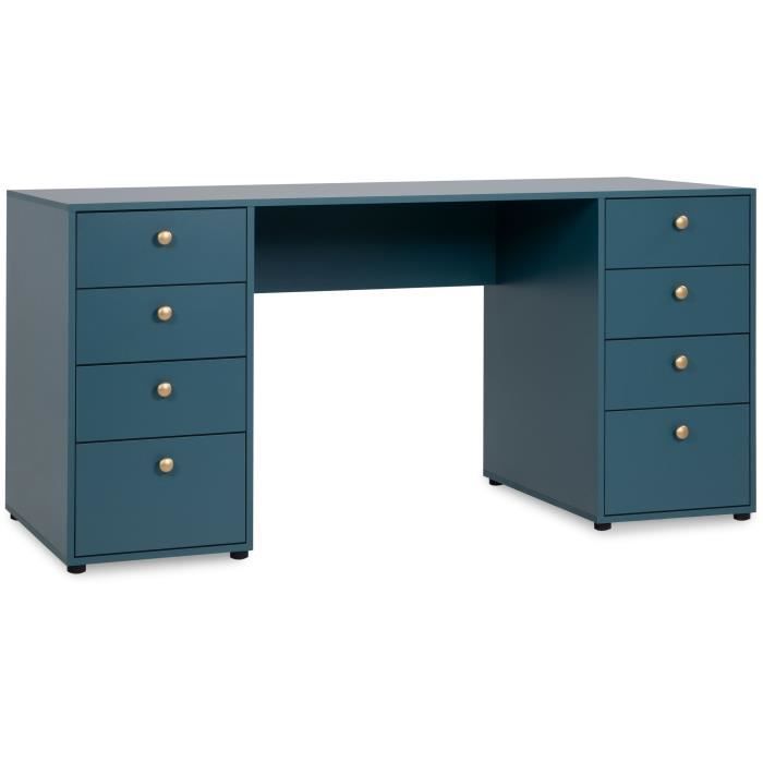 bureau droit avec 8 tiroirs - bleu pétrole - 160 x 67 x 75 cm - pop color
