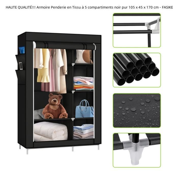 Armoire Penderie en Tissu à 5 compartiments noir pur avec barre de suspension 105 x 45 x 170 cm - QUIIENCLEE