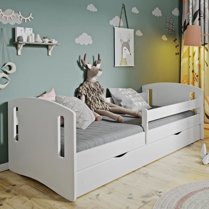 Lit Enfant Avec Barriere De Securite Mirret 180x80 Cm Blanc Avec Tiroir De Rangement Matelas Inclus Cdiscount Maison