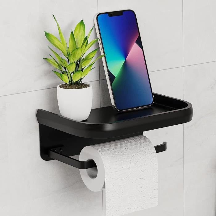 Porte Papier Toilette Sans Percage Avec Étagère | Support Mural Avec 2 Crochets | Pour Salle De Bain, WC, Cuisine | Noir - 7
