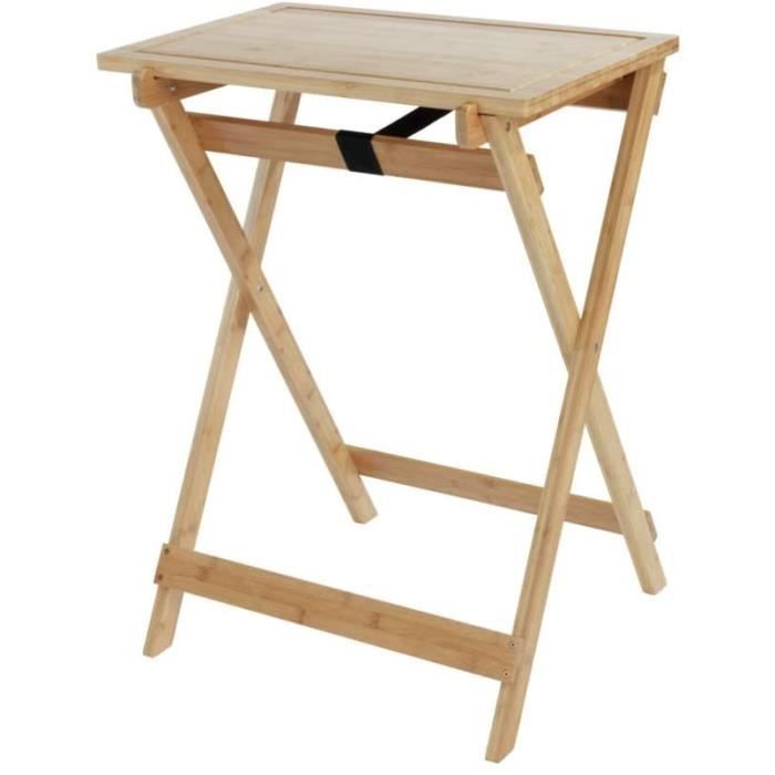 table d'appoint bois pliable, 2en1 avec plateau amovible, planche à découper, bambou, lugo