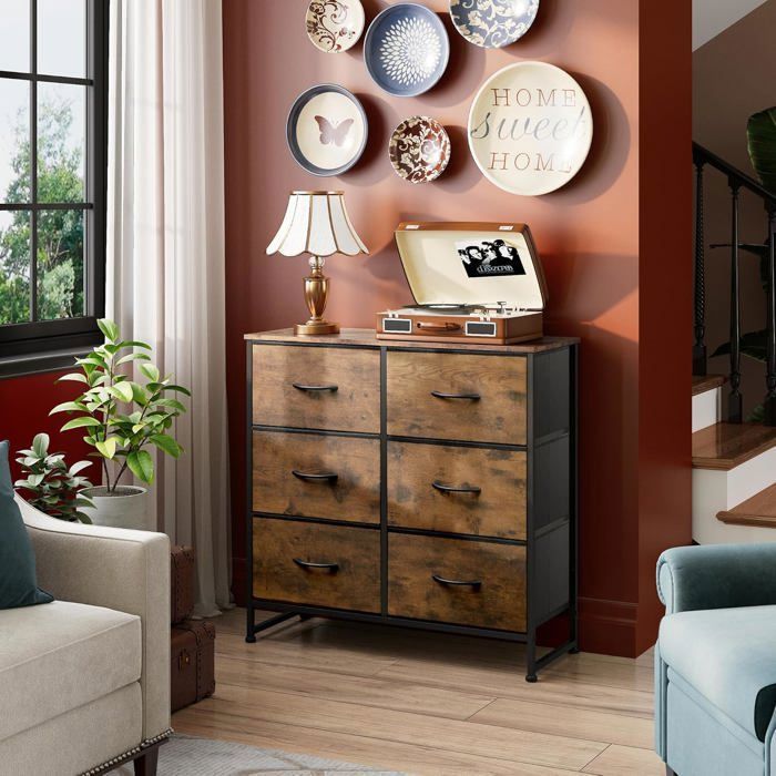 Commando De Rangement Style Industriel 6 Tiroirs En Tissu Et 2 étagères - Marron, 41x29x127 Cm - 8