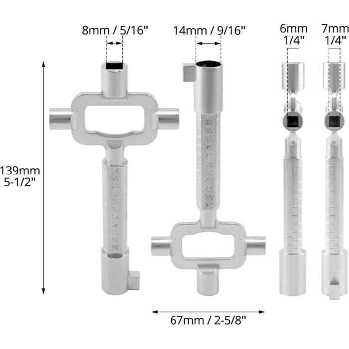 Tolenre Clé d'Achitecte Clef Carré 6/7 / 8 mm, Clé Allen avec Graduation Multi-fonction Clé Passe Partout Universel de Chantier en Alliage de Zinc Solide pour Ouvrir Porte Fenêtre Armoire - Argent