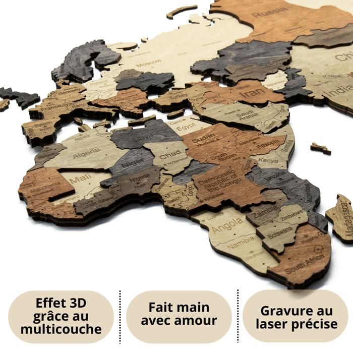 Carte du monde en bois 3D Multicolor XL Creatifwood - Décoration Murale ...