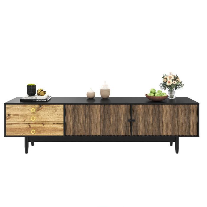 Meuble TV Moderne PUGSDRLY Avec Lumière LED RGB Changeante - 180x35x30cm, 3 Compartiments Rangement, Noir+Marron