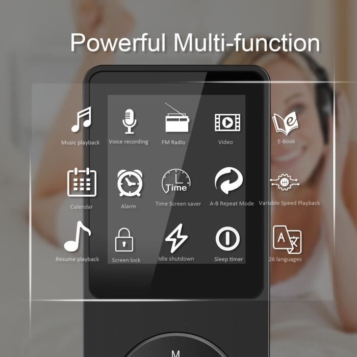 Lecteur audio vidéo MP3-MP4 Agptek Lecteur MP3 Ecran de 1.8” (soutien la  carte mémoire de 64Go) autonomie en veille jusqu'à 70 heures, Noir
