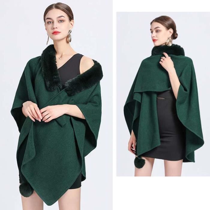 Poncho en tricot Poncho Fausse fourrure de lapin Vert foncé
