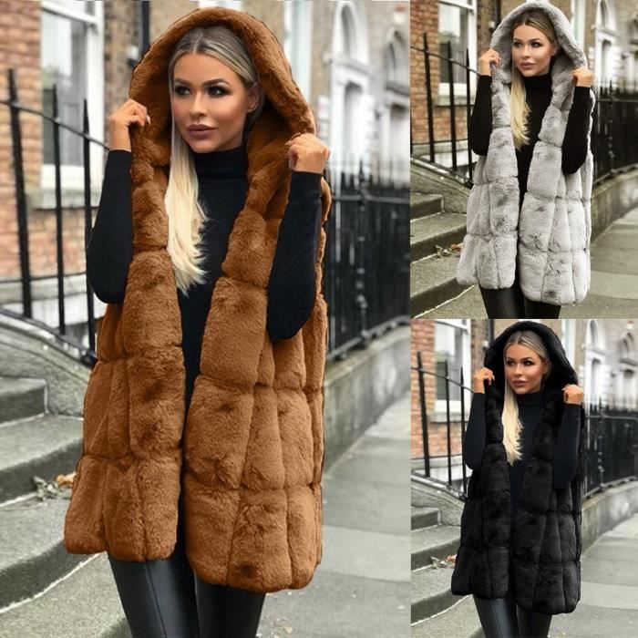 Gilet Femme Fausse Fourrure Longue - Sans Manches Ouvert Devant Style Hiver