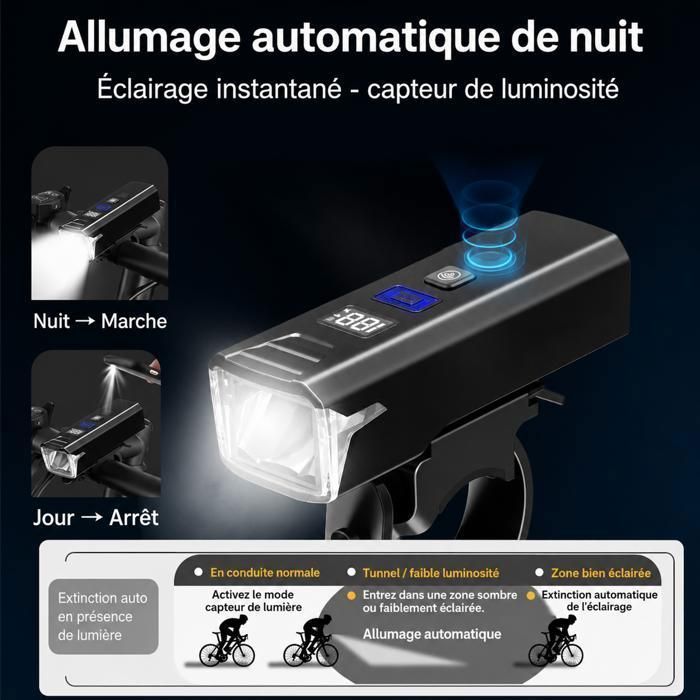 Phare Vélo Rechargeable USB Et Solaire - Éclairage Puissant 200m, Klaxon Intégré, Sécurité Renforcée Pour Cyclisme Nocturne VTT Ville - 7