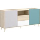 PEGANE Buffet meuble de rangement coloris naturel et émeraude - Longueur 155 x Hauteur 75 x Profondeur 43 cm