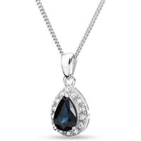 Miore Collier avec Pendentif Goutte de Pierre Precieuse Pierre de Naissance ronde Saphir bleu naturel entouree de 14 Diamant 