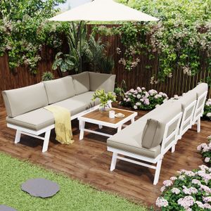 Salon bas de jardin Salon de jardin-5-6 personnes loisirs-2 canapés d'angle 1 table-aluminium-coussins compris-beige