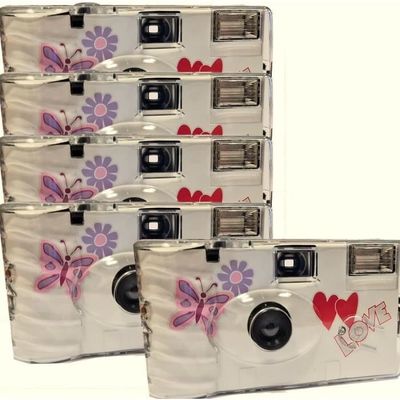 Lot De 5 Appareils Photo Jetables TopShot – 27 Poses Chacun, Avec Flash, Motif Cœurs Volants